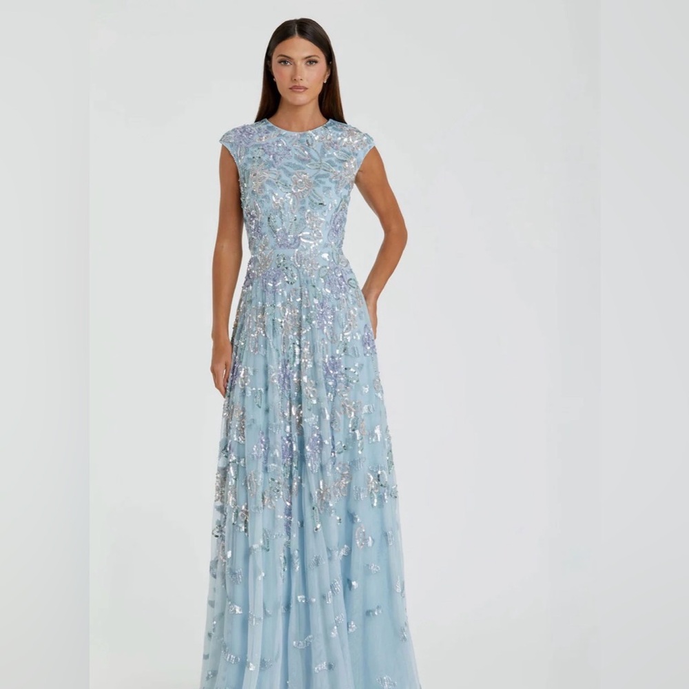 Mac Duggal Blue Sequined High Neck Cap Sleeve A Line Gown